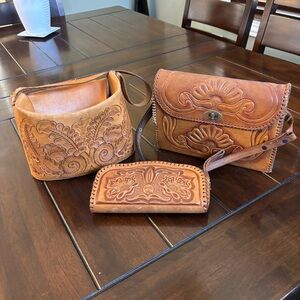 Vintage Handcrafted Mexican Tan Leather Bag Set Trio Genuine Cowhide Western